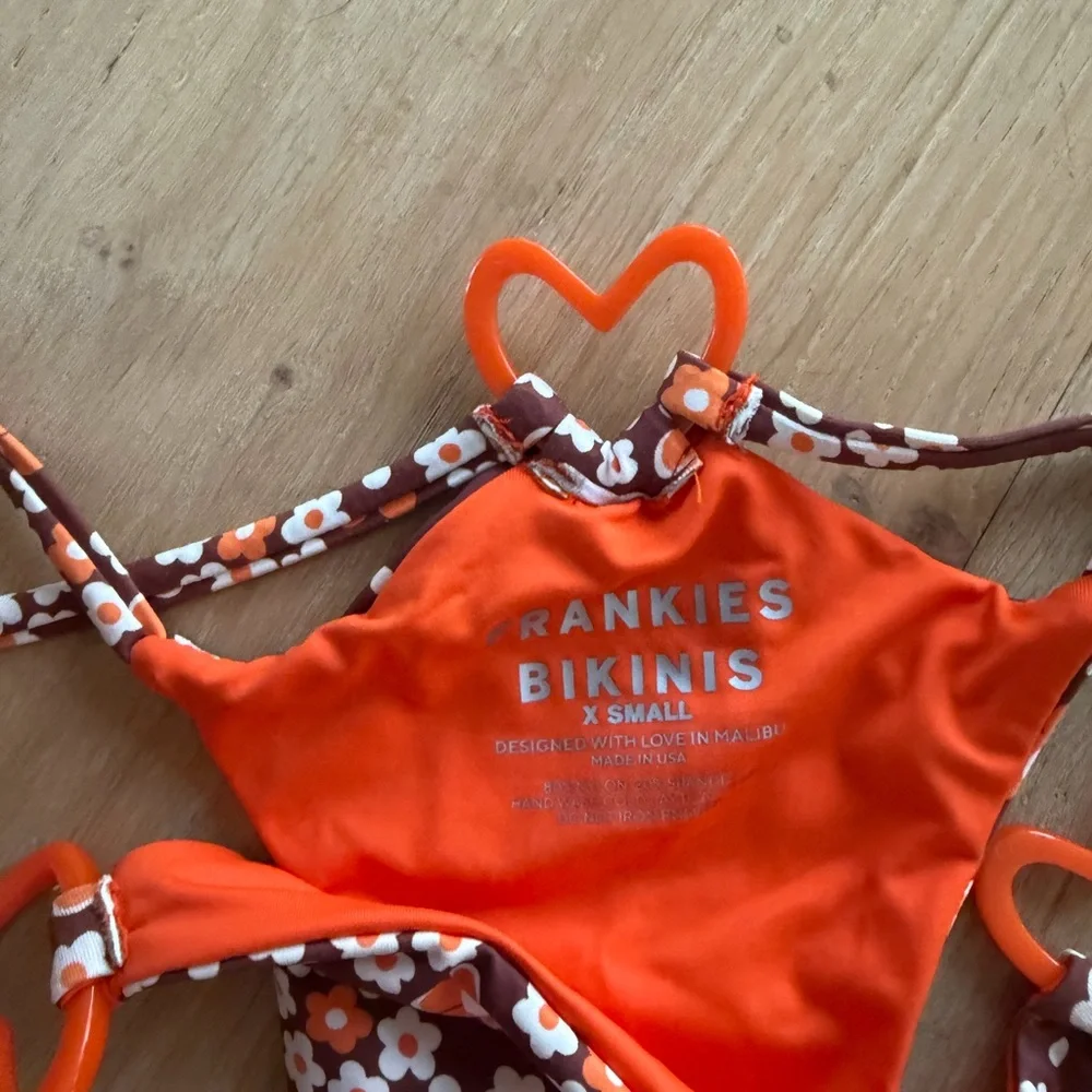 Floral Heart-Accent String Bikini - Brown & Orange